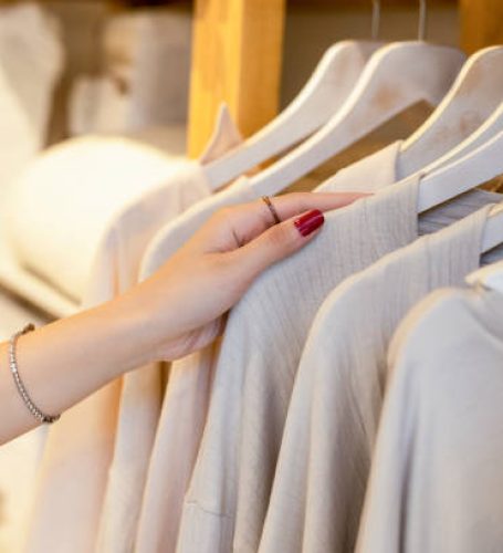 Female hand taking a clothes out at clothing store